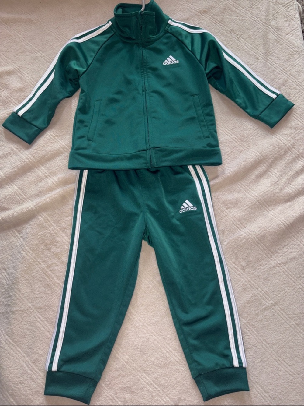 Adidas Kids Green Track Jacket and Pants Set with White Stripes